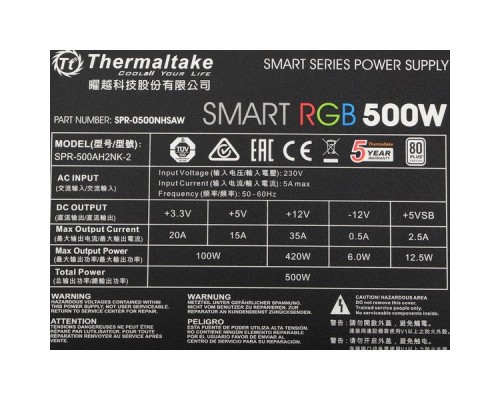 Блок питания Thermaltake Smart RGB 500W (PS-SPR-0500NHSAWE-1) v2.3,A.PFC,80 Plus,Fan 12 см,Retail