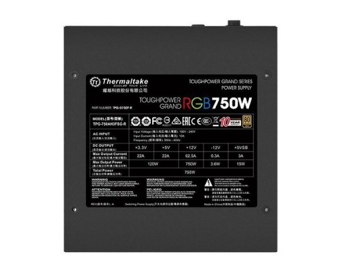 Блок питания Thermaltake ATX 750W Toughpower Grand RGB 80+ gold (24+4+4pin) APFC 140mm fan color LED 9xSATA Cab Manag RTL