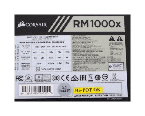 Блок питания Corsair RM1000x  [CP-9020094-EU] 1000 Watt 80 PLUS® Gold Certified Fully Modular PSU, RTL