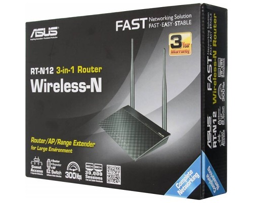 Роутер беспроводной Asus RT-N12 N300 10/100BASE-TX черный