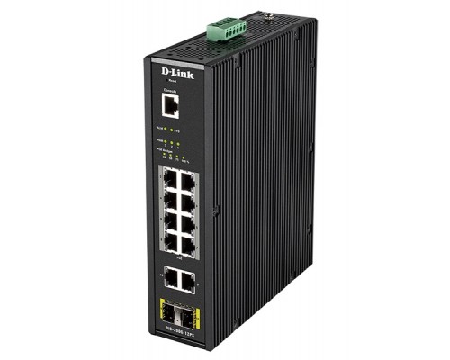 Коммутатор  D-Link DIS-200G-12PS/A1A, L2 Managed Industrial Switch with 10 10/100/1000Base-T and 2 1000Base-X SFP ports (8 PoE ports 802.3af/802.3at (30 W), PoE Budget 123 W)8K Mac address, 802.3x Flow Control,