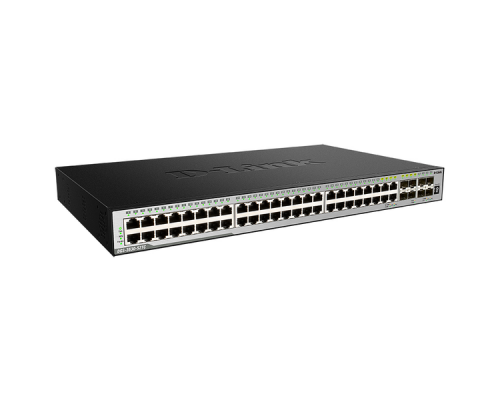 D-Link DGS-3630-52TC/A1AMI, L3 Managed Switch with 44 10/100/1000Base-T ports and 4 100/1000Base-T/SFP combo-ports and 4 10GBase-X SFP+ ports. 68K Mac address, MPLS, Physical stacking (up to 9 device