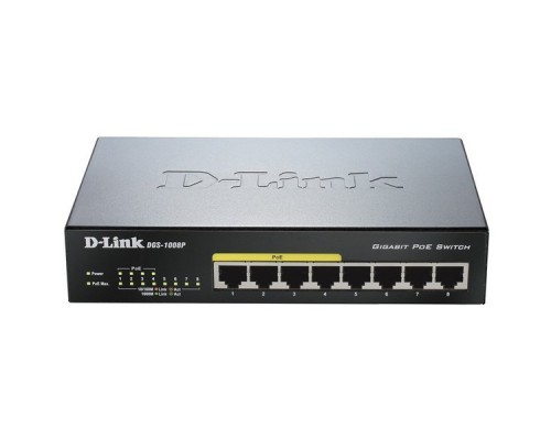 D-Link DGS-1008P Неуправляемый коммутатор с 8 * 10/100/1000Base-T (4*PoE 802.3af/802.3at (30 Вт), PoE-бюджет 68 Вт)