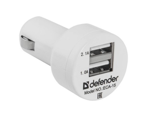 Автомобильный адаптер Defender ECA-15, 2 порта USB, 5V/2,1A + 1A, белый.