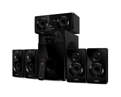 Аудиоколонки SVEN HT-210, чёрный, акустическая система 5.1, мощность (RMS):50Вт+5x15Вт, Bluetooth, Optical, Coaxial, FM-тюнер, USB/SD, дисплей, ПДУ