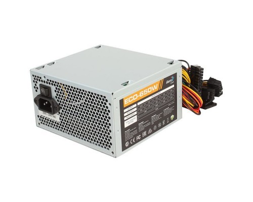 Блок питания Aerocool 650W Retail ECO-650W ATX v2.3 Haswell, fan 12cm, 400mm cable, power cord, 20+4P, 12V 4+4P, 1x PCI-E 6+2P, 5x SATA, 3x PATA, 1x F