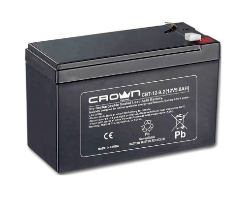 Батарея  CROWN CBT-12-9.2 (напряжение 12В, емкость 9.2 А/Ч, разм 151х65х100 мм, вес 2,4 кг, тип клеммы - F2, 5 лет)