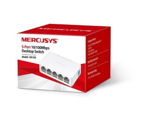 Mercusys MS105, 5-портовый 10/100 Мбит/с настольный коммутатор, 5 портов RJ45 10/100 Мбит/с, пластиковый корпус
