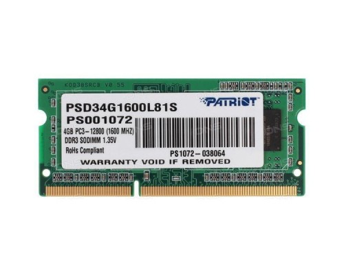 Модуль памяти для ноутбука SODIMM 4GB PC12800 DDR3L PSD34G1600L81S PATRIOT