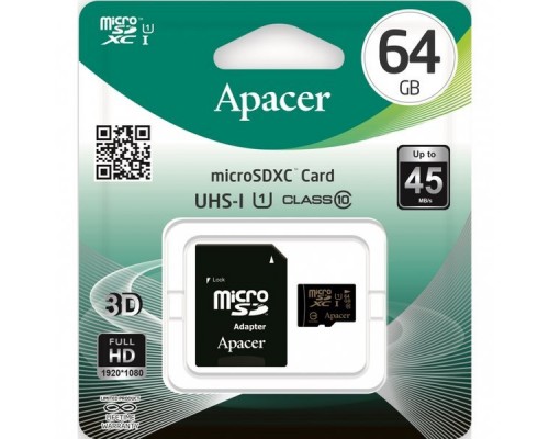 Карта памяти microSDHC 64GB Apacer Memory Card AP64GMCSX10U1-R UHS-I U1 Class 10, Adapter, (898883) Retail