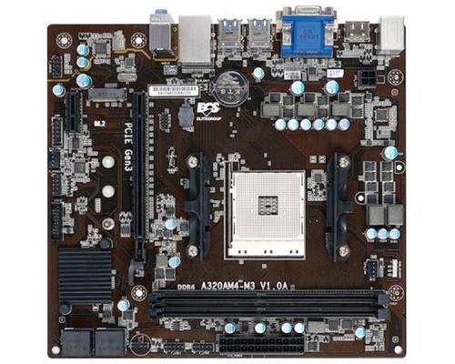 Материнская плата ECS A320AM4-M3, Socket AM4, AMD A320, 2xDDR4-2667, D-SUB+DVI-D+HDMI, 1xPCI-Ex16, 1xPCI-Ex1, 4xSATA3, 1xM.2, 6 Ch Audio, GLan, (2+4)xUSB2.0, (4+2)xUSB3.0, 2xPS/2, mATX, RTL