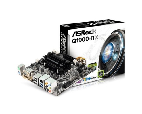 Материнская плата ASROCK Q1900-ITX, Intel® Quad-Core Processor J1900 (2 GHz), Mini-ITX, 2xDDR3/DDR3L-1333 SO-DIMM, Max 16GB, 1xPCI-Ex1, 1x mini PCI-E, 2xSATA2, 2xSATA3, Giga Lan, 8CH, VGA/DVI/HDMI, 2xUSB2.0, 2xUSB3.0 RTL