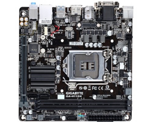 Материнская плата GIGABYTE GA-H110N, Socket 1151, Intel®H110, 2xDDR4-2133, D-SUB+DVI-D+HDMI, 1xPCI-Ex16, 3xSATA3, 1xM.2, 8 Ch Audio, GLan, (4+2)xUSB2.0, (2+2)xUSB3.0, 1xPS/2, Mini-ITX, OEM