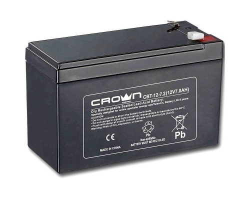 Батарея  CROWN CBT-12-7.2 (напряжение 12В, емкость 7.2 А/Ч, разм 151х65х100 мм, вес 2,1 кг, тип клеммы - F2, 5 лет)