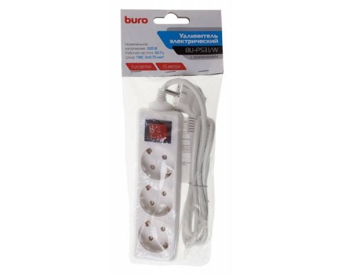 Сетевой удлинитель Buro BU-PS3.1/W 1.5м (3 розетки) белый (пакет ПЭ)