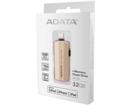 Накопитель USB Drive 32GB ADATA AI720 (Apple OTG) USB  AAI720-32G-CGD Lightning/USB 3.1, 90/20, Golden, RTL (461346)