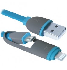 Кабель USB 2.0 A--micro-B+ Lightning 1м Defender USB10-03BP синий 87487                                                                                                                                                                                   