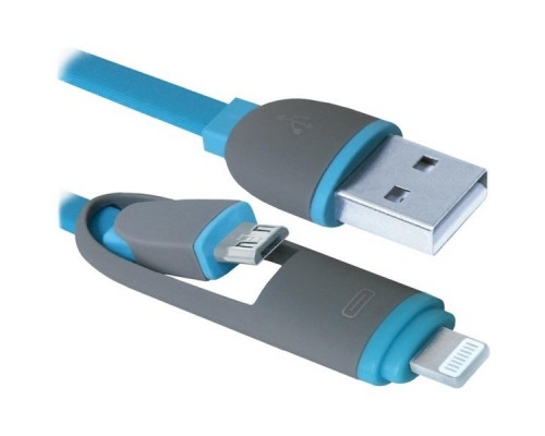 Кабель USB 2.0 A--micro-B+ Lightning 1м Defender USB10-03BP синий 87487