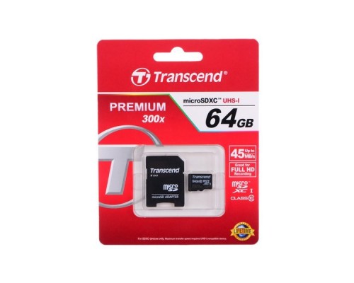 Карта памяти MicroSDXC 64Gb Transcend TS64GUSDXC10 Class10 UHS-1 + Adapter