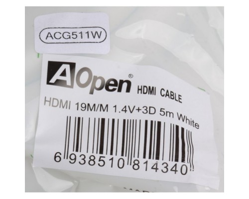 Кабель HDMI (19M -19M) 5.0м AOpen ACG511W-5M ver1.4V+3D позол. контакты, белый