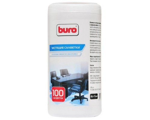 Салфетки BURO BU-Tsurl для пластиковых поверхностей и офисной мебели, туба 100шт