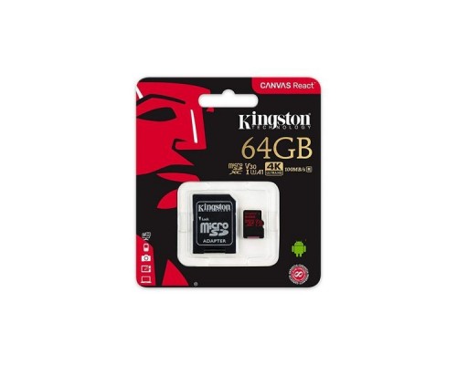 Карта памяти MicroSDXC 64Gb Kingston SDCR/64GB UHS-I U3 V30 A1 R100 W80 +SD Adapter