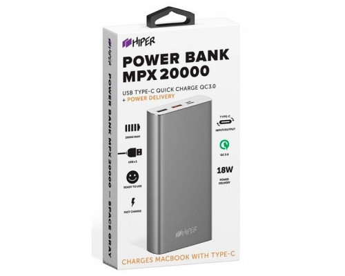 Мобильный аккумулятор Hiper MPX20000 Li-Pol 20000mAh 3A+3A+2.4A серый 2xUSB