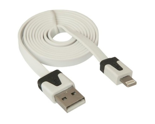 Кабель USB 2.0 A--Lightning 1.0м Defender ACH01-03P 87472 плоский кабель, белый + чёрная вставка