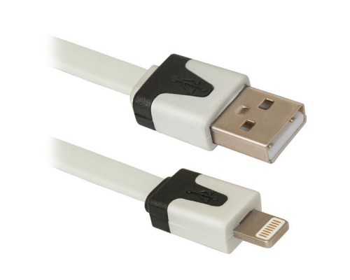 Кабель USB 2.0 A--Lightning 1.0м Defender ACH01-03P 87472 плоский кабель, белый + чёрная вставка