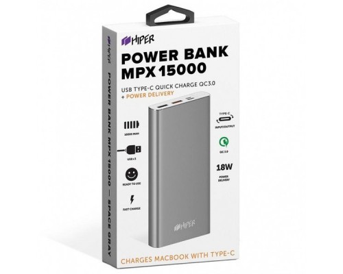 Мобильный аккумулятор Hiper MPX15000 Li-Pol 15000mAh 2.4A+3A+3A серый 2xUSB