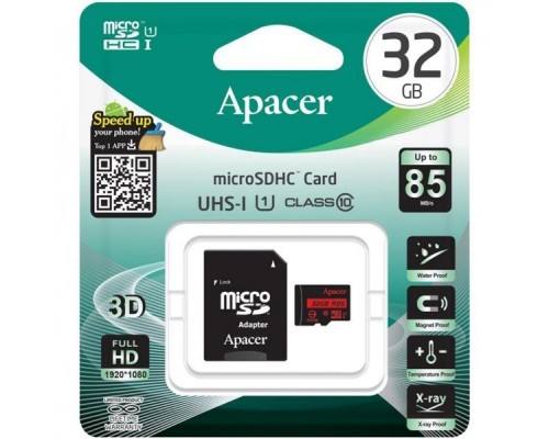 Память SD Card microSDHC 32GB Apacer Memory Card AP32GMCSH10U5-R UHS-I U1 Class 10, R85, Adapter, RTL