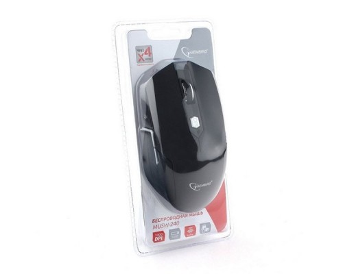 Мышь Мышь беспроводная Gembird MUSW-240, 2.4ГГц, черный, soft touch, 5 кнопоки+колесо-кнопка, 1600 DPI, батарейки в комплекте