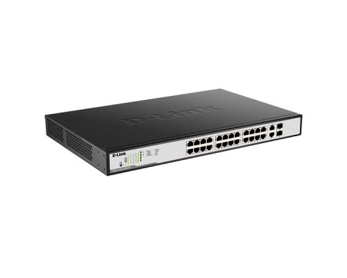 D-Link DGS-1100-26MPP/C1A, L2 Smart Switch with 24 10/100/1000Base-T ports and 2 1000Base-T/SFP combo-ports (20 PoE ports 802.3af/802.3at (30 W),4 802.3af/802.3at/UPoE 802.3bt draft (75 W), PoE Budg