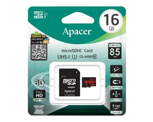 Карта памяти microSDHC 16GB Apacer Memory Card AP16GMCSH10U5-R UHS-I U1 Class 10, R85, Adapter, RTL (912602)