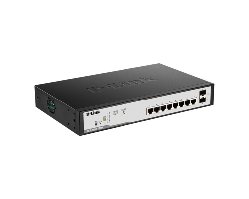 Коммутатор D-Link DGS-1100-10MP/C1A, L2 Smart Switch with 8 10/100/1000Base-T ports and 2 1000Base-X SFP ports (8 PoE ports 802.3af/802.3at(30 W), PoE Budget 130 W).16K Mac address, 802.3x Flow Control, 802.3a