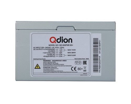 Блоки питания Qdion QD-500PNR 80+ ATX QD-500PNR, 450W 80+ real, 12cm fan, 24+4pin, CPU4+4,PCI-E 6+2 pin,5*sata,3*molex,1*fdd pin, input 230V,I/O switch, without  power cord