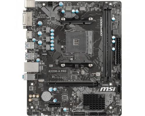 Материнская плата A320M-A PRO, Socket AM4, AMD® A320, 2xDDR4-2400, 1xPCI-Ex16x, 1xPCI-Ex, DVI-D+HDMI, 4xSATA3(RAID 0/1/10), 8 Ch Audio, GLan, (2+4)xUSB2.0, (4+2)xUSB3.1, 2xPS/2, mATX, RTL