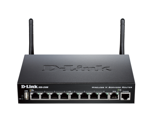 Маршрутизатор D-Link DSR-250N/C1A, Wireless N300 VPN Gigabit Router with 1 10/100/1000Base-T WAN ports, 8 10/100/1000Base-T LAN ports and 1 USB ports.Firmware for Russia. 802.11b/g/n compatible, 802.11N up to 300