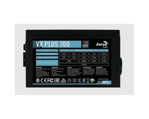 Блок питания Aerocool 700W Retail VX PLUS 700 RGB, ATX v2.3, RGB-подсветка, A.PFC, fan 120mm, 2x PCI-E [6+2-Pin], 6x SATA, 3x MOLEX, 1x FDD
