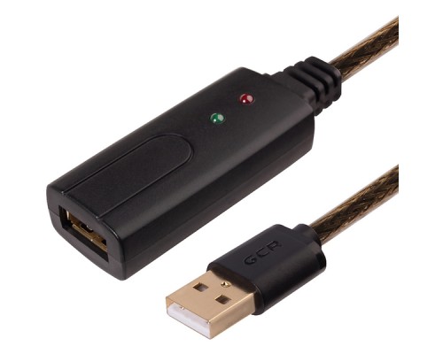 Удлинитель Greenconnect USB 2.0 с активным усилителем сигнала 10.0m Premium AM/AF, 24/22 AWG экран, армированный, морозостойкий, разъём для доп.питания