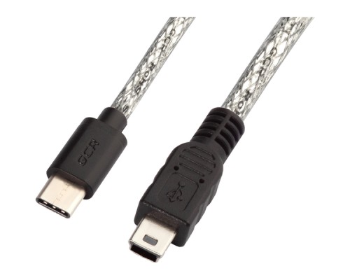 Кабель Greenconnect  USB 2.0 Type C 0.2m прозрачный, черные коннекторы, 28/28 AWG, mini 5P/CM, экран, армированный, морозостойкий, GCR-50973