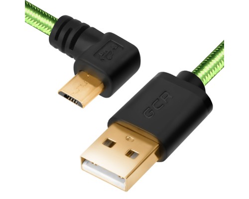 Кабель Greenconnect  micro USB 2.0  0.5m угловой, зеленый, черные коннекторы, нейлон, ультрагибкий, позолоченные контакты, 28/28 AWG, AM / microB 5pin GCR-UA12AMCB6-BB2SG-0.5m, экран, армированный, морозостойкий