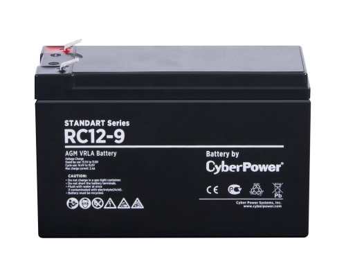 Аккумулятор сменный Battery CyberPower Standart series RС 12-9, voltage 12V, capacity (discharge 20 h) 9Ah, max. discharge current (5 sec) 130A, max. charge current 2.4A, lead-acid type AGM, terminals F2, LxWxH 151x65x94mm., full height with terminal