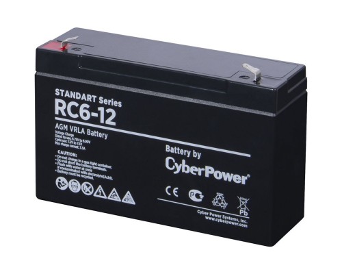 Аккумулятор сменный Battery CyberPower Standart series RС 6-12, voltage 6V, capacity (discharge 20 h) 12Ah, max. discharge current (5 sec) 240A, max. charge current 3.3A, lead-acid type AGM, terminals F1, LxWxH 97x43x53mm., full height with terminals