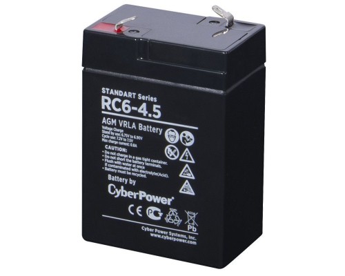 Аккумулятор сменный Battery CyberPower Standart series RС 6-4.5, voltage 6V, capacity 4.5Ah (discharge 20 h), max. discharge current (5 sec) 60A, max. charge current 0.8A, lead-acid type AGM, terminals F1, LxWxH 70x47x101mm., full height with termina