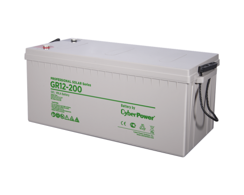 Аккумулятор сменный Battery CyberPower Professional Solar series GR 12-200, voltage 12V, capacity (discharge 10 h) 202Ah, max. discharge current (5 sec) 1000A, max. charge current 60A, lead-acid type GEL, terminals under bolt M8, LxWxH 522x240x218mm.