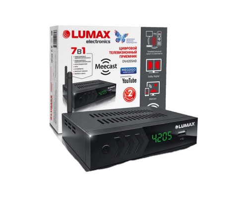 Приставка DVB-T2 LUMAX/ GX3235S, эфирный + кабельный, Металл, 7 кнопок, дисплей, USB, 3RCA, HDMI, внешний б/п, встроенный Wi-Fi адаптер, Кинозал LUMAX (более 500 фильмов)