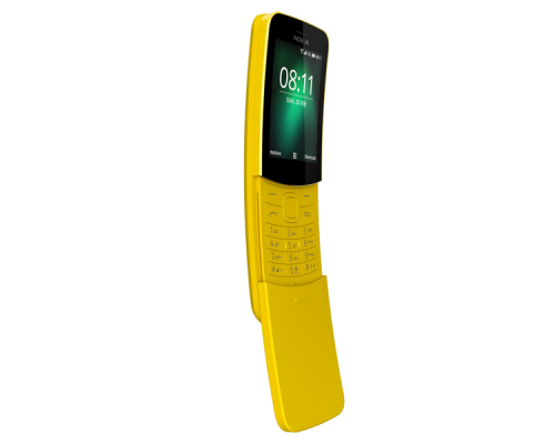 Телефон сотовый Nokia 8110 DS TA-1048 Yellow, 2.4'' 320x240, 1.1GHz, 2 Core, 512MB RAM, 4GB, 2Mpix, 2 Sim, 2G, 3G, LTE, BT, Wi-Fi, GPS, Micro-USB, 1500mAh, Smart Feature OS KaiOS, 117g, 133.45 x 49.3 x 14.9, IP52