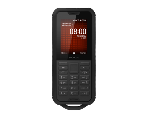 Телефон сотовый Nokia 800 DS TA-1186 BLACK, 2.4'' 320x240, 512 МБ, 4GB, up to 32GB flash, 2Mpix, 2 Sim, 2G, 3G, LTE, BT v4.1, Wi-Fi, GPS, Micro-USB, 2100mAh, KaiOS, 161g, 145,4 ммx62,1 ммx16,11 мм, Предусмотренная защита от воды и пыли (IP68)