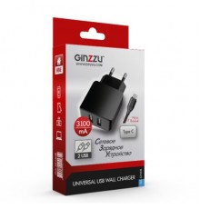 Зарядное устройство/адаптер питания USB от эл.сети GINZZU GA-3314UB 2xUSB 3,1A 5V черный + кабель USB Type C 1м                                                                                                                                           